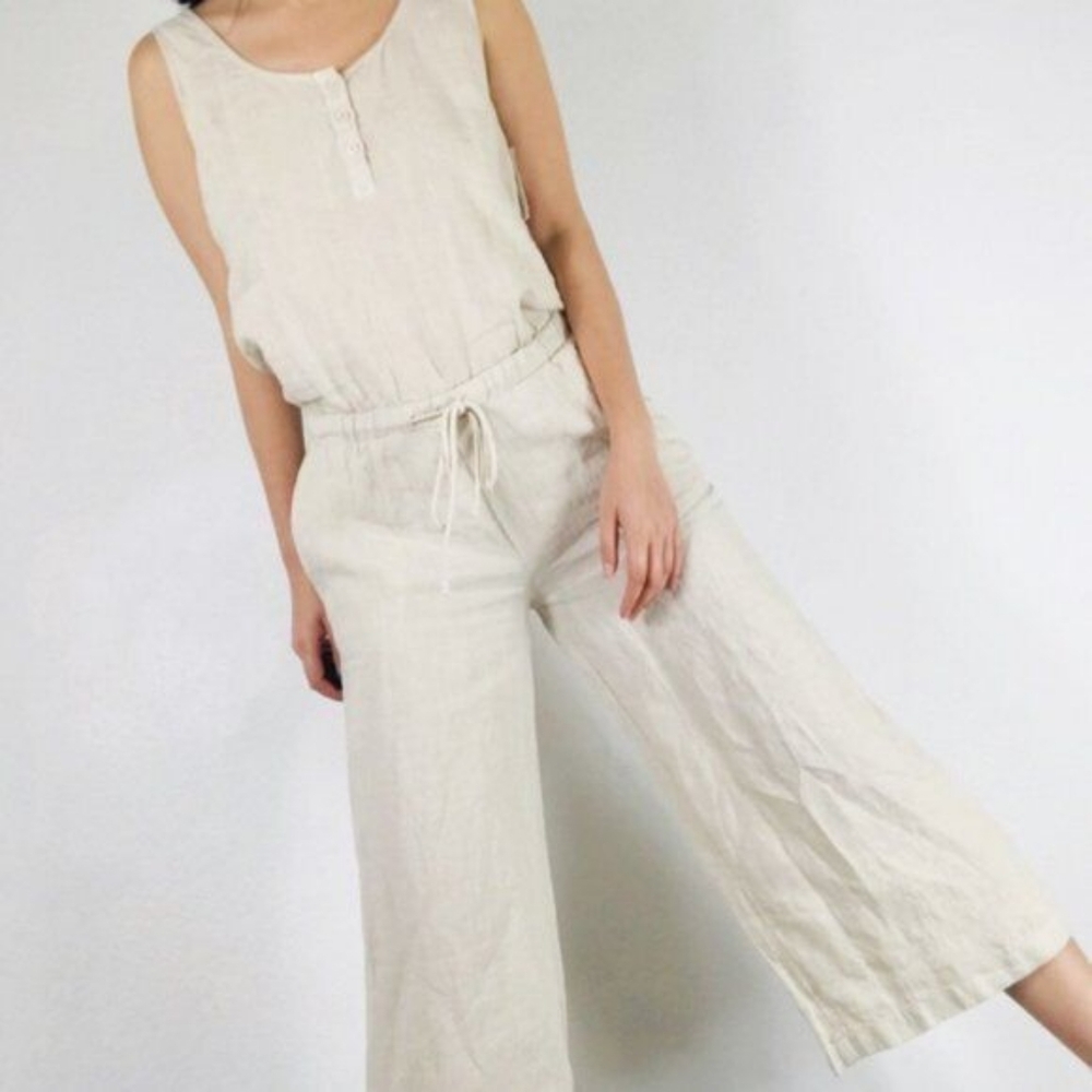 Anthropologie Cloth & Stone 100% Linen Wide Leg Button Down Jumpsuit Size XS